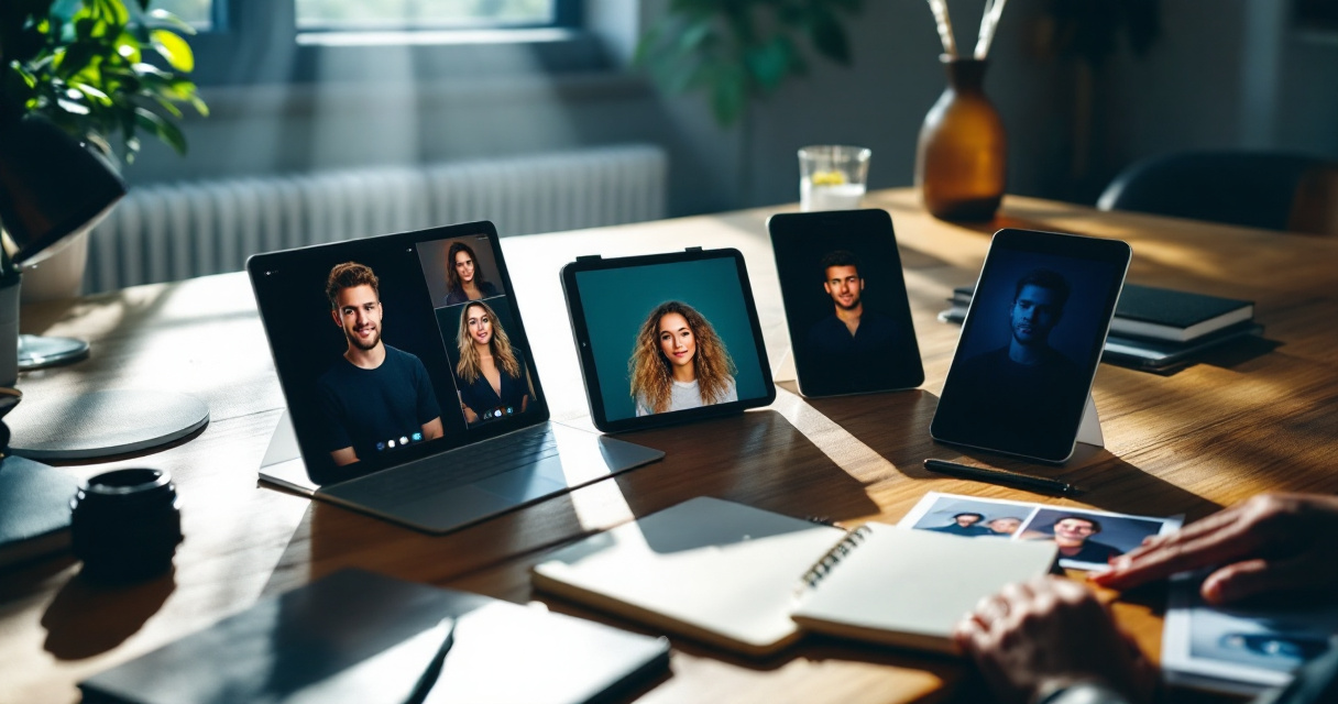 Hands comparing different AI-generated professional headshots across tablets and printed portrait samples on a desk