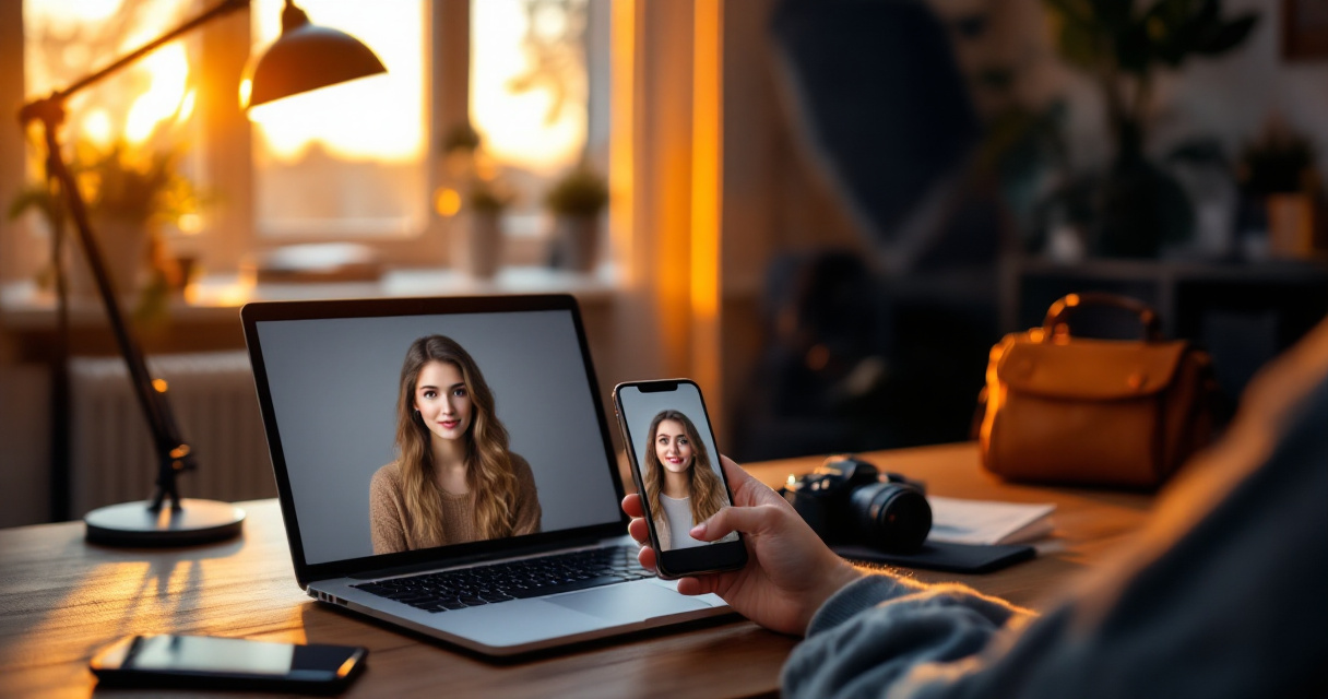 Smartphone generating professional headshot beside unused camera and studio lighting equipment