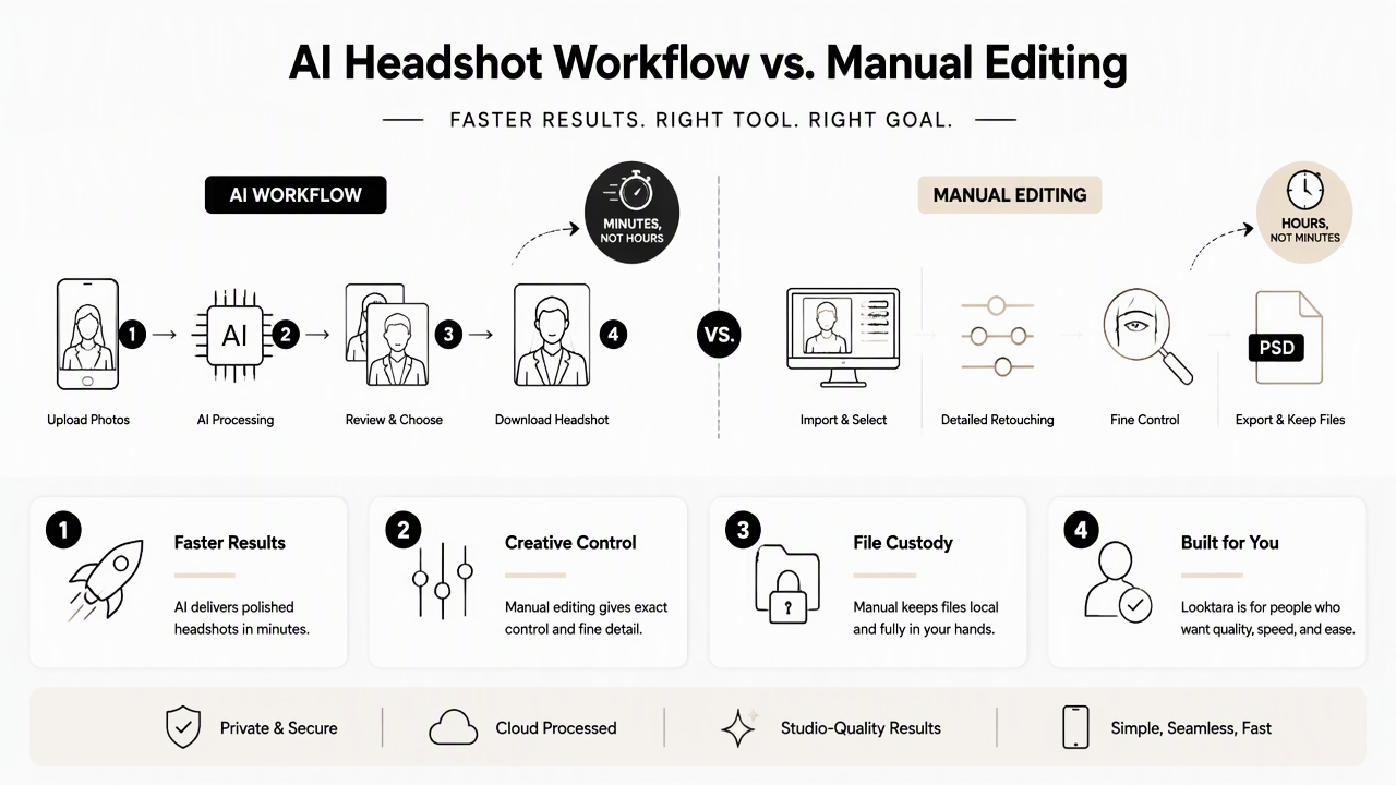 Illustration for How does an AI headshot workflow compare with manual editing?