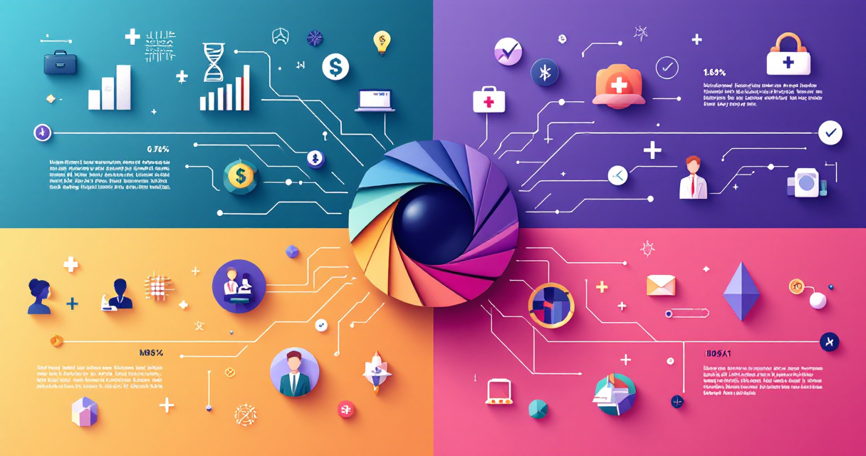 Four-quadrant infographic showing industry-specific headshot concepts for finance, tech, healthcare, and creative consulting with central camera icon