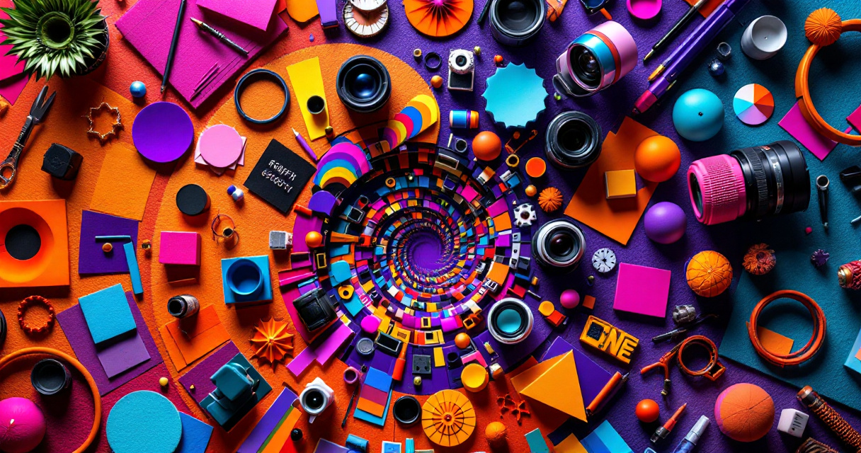 Artistic arrangement of creative tools and color swatches in spiral pattern with purple accents for marketing professionals