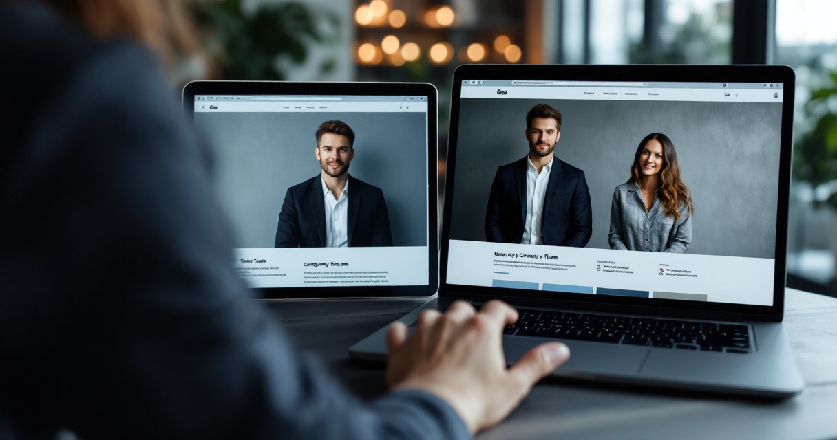 Team page review showing mismatched headshot styles on laptop and tablet in office setting