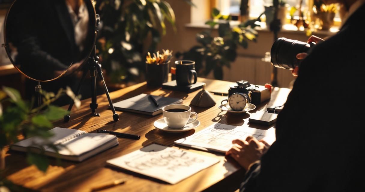 Over-the-shoulder workspace scene showing props and styling choices for a story-driven AI headshot