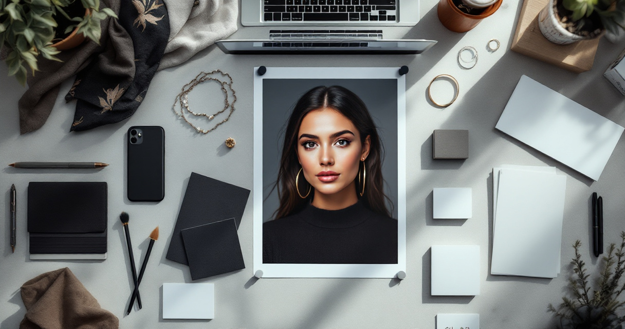 Top-down branding studio layout built around one AI headshot and coordinated visual elements