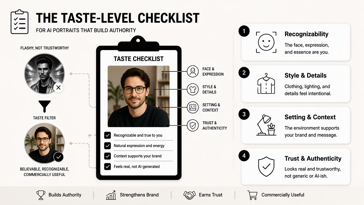 Illustration for What taste-level checklist keeps AI portraits on-brand?