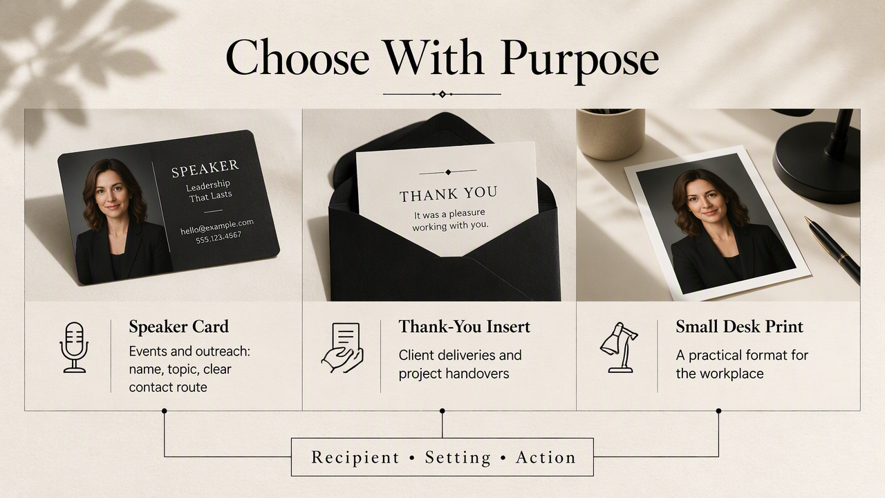 Professional portrait speaker card, thank-you insert, and small desk print selected for distinct business uses.