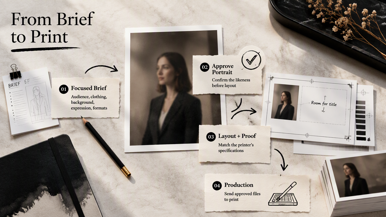Portrait workflow from a reusable creative brief through likeness approval, print layout, proofing, and production.
