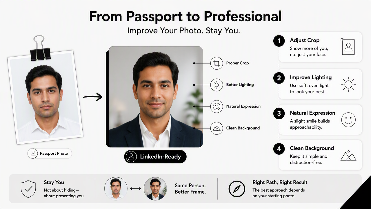Illustration for How should a passport-style photo be improved for LinkedIn?