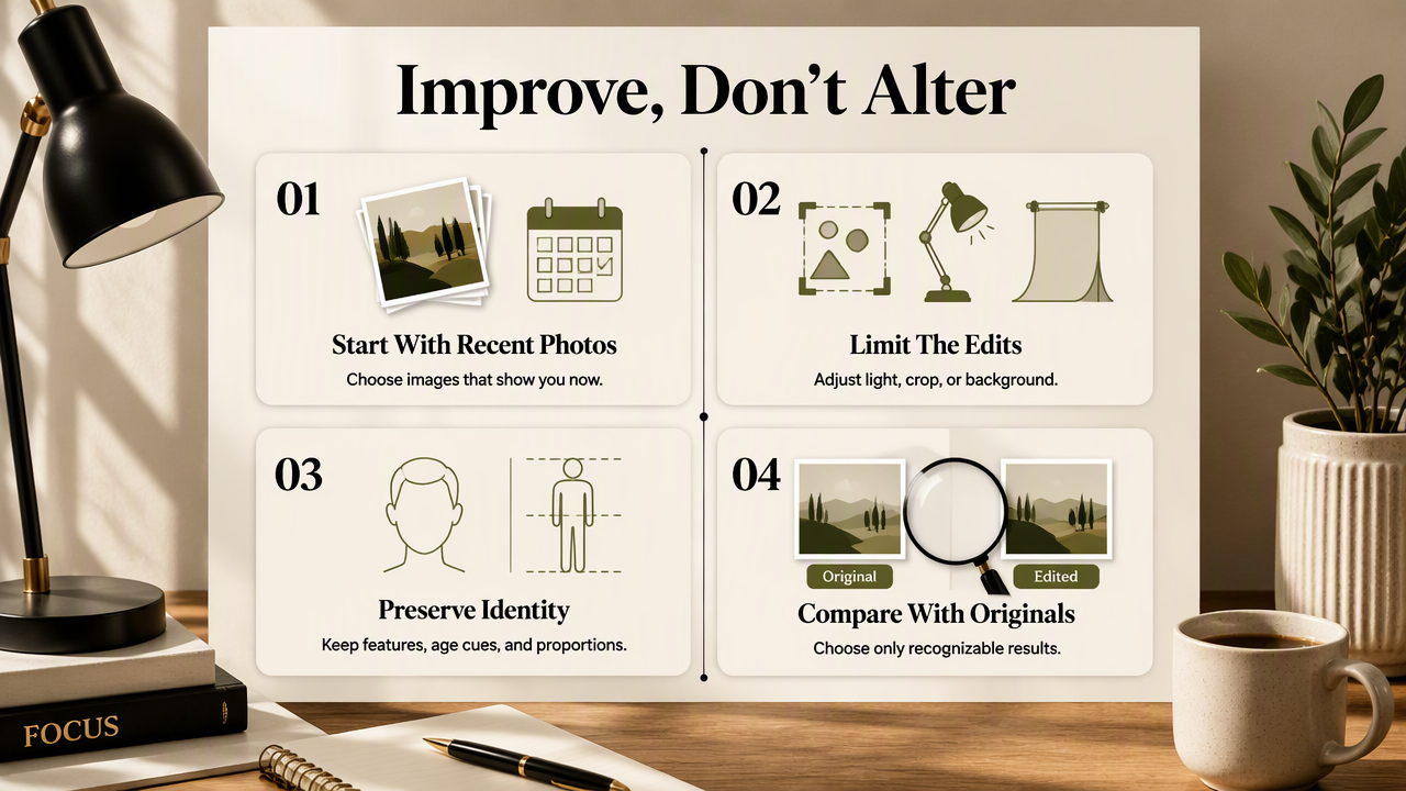 Editorial infographic showing how to enhance dating profile photos while preserving current appearance and recognizable identity.