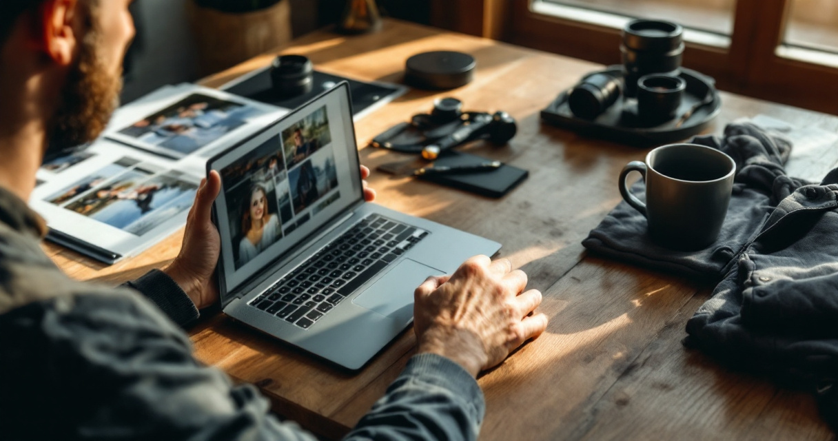 Over-the-shoulder scene of man crafting AI dating photo prompt with laptop and visual references