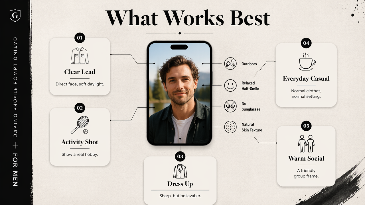 Infographic showing the best AI dating photo prompt types for men.