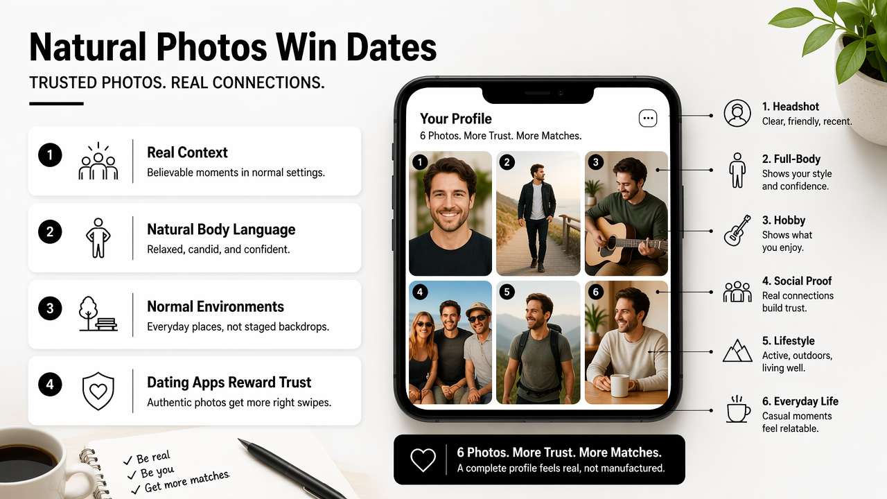 Illustration for Which AI photo prompts look most natural on dating apps?
