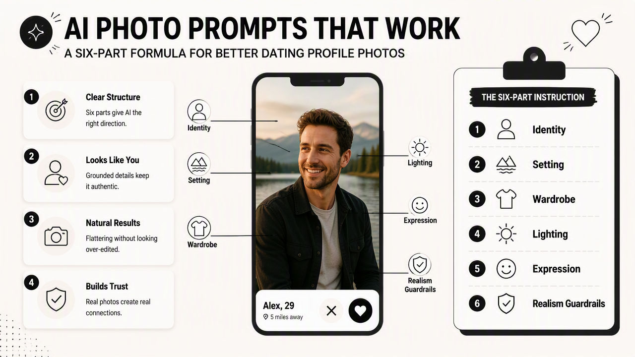 Illustration for How should dating profile photo prompts AI men use be written?
