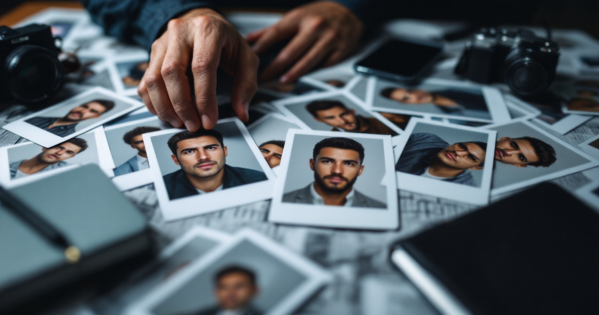Hand pushing aside unnatural glossy AI portrait prints on desk with camera and black notebook