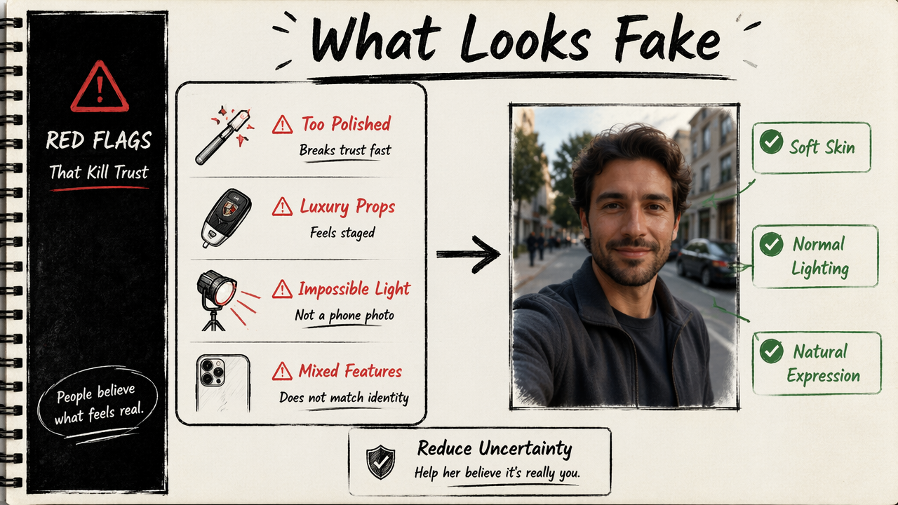 Annotated diagram of common AI dating photo mistakes that make profiles look fake.