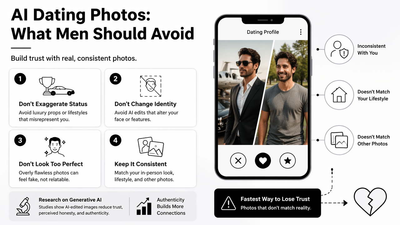 Illustration for What should men avoid in AI dating profile photos?