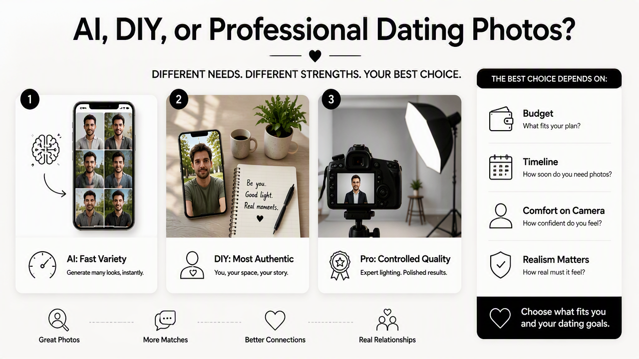 Illustration for How does AI compare with DIY and professional dating photos?