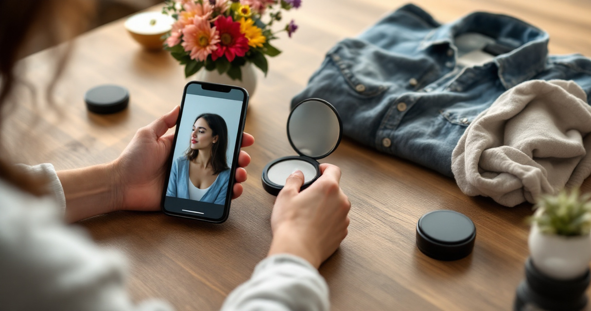 Hands arranging objects and phone to plan a natural looking AI dating profile photo