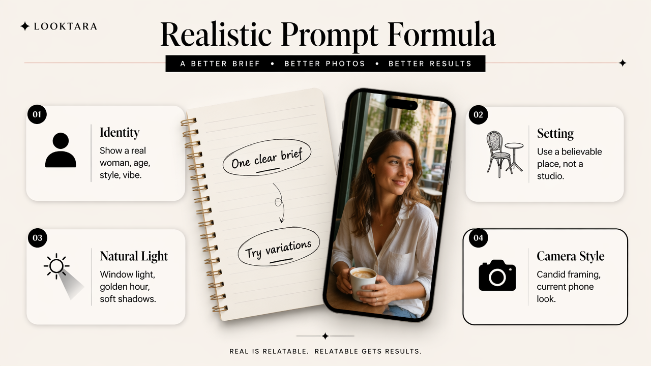 Infographic showing how to write realistic AI dating photo prompts with identity, setting, light, and camera style.