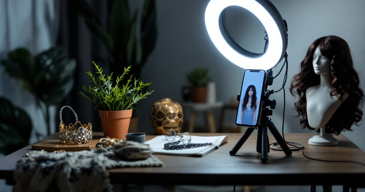Harsh ring light and awkward props creating an obviously artificial AI dating photo setup
