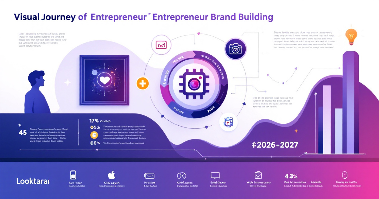 Infographic showing entrepreneur personal brand photography journey with trust icons, visual branding elements, and AI photography tools in indigo color scheme