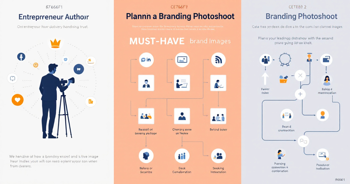 Modern infographic showing the strategy and evolution of entrepreneur personal brand photography using icons, photo frames, planning flows, AI visuals, and future digital imagery.