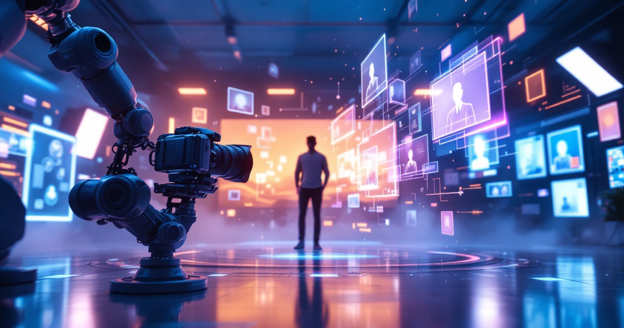 Futuristic AI-assisted photography studio with robotic camera and glowing indigo visual layers