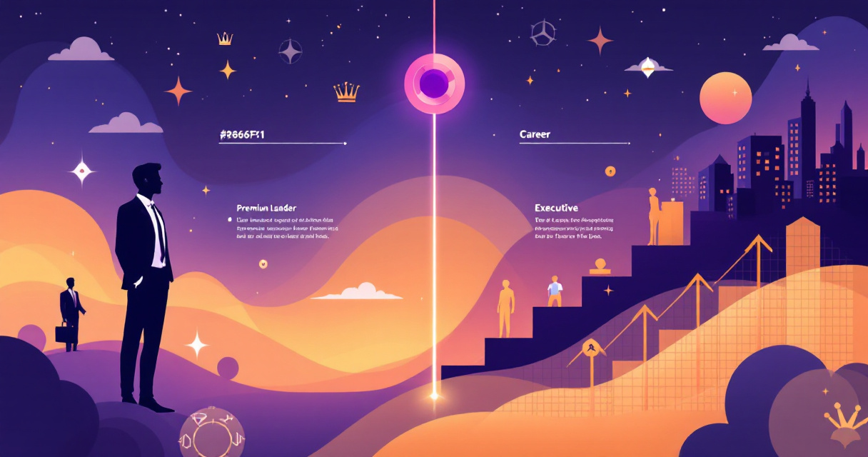 Split comparison infographic illustrating visual differences between executive and corporate headshot styles with career progression icons and photography elements in indigo purple color scheme