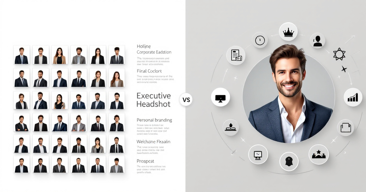 Infographic comparing corporate headshots and executive headshots with side-by-side portraits, branding icons, and visual differences in style and purpose.