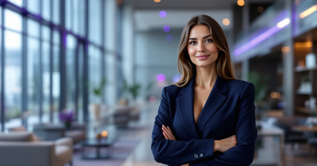 Professional woman in corporate office setting with modern glass walls and neutral background ideal for corporate headshot photography