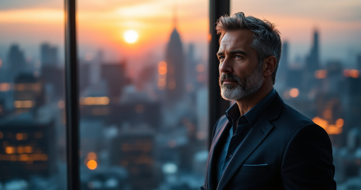 Executive professional portrait scene with cinematic lighting and modern office skyline background