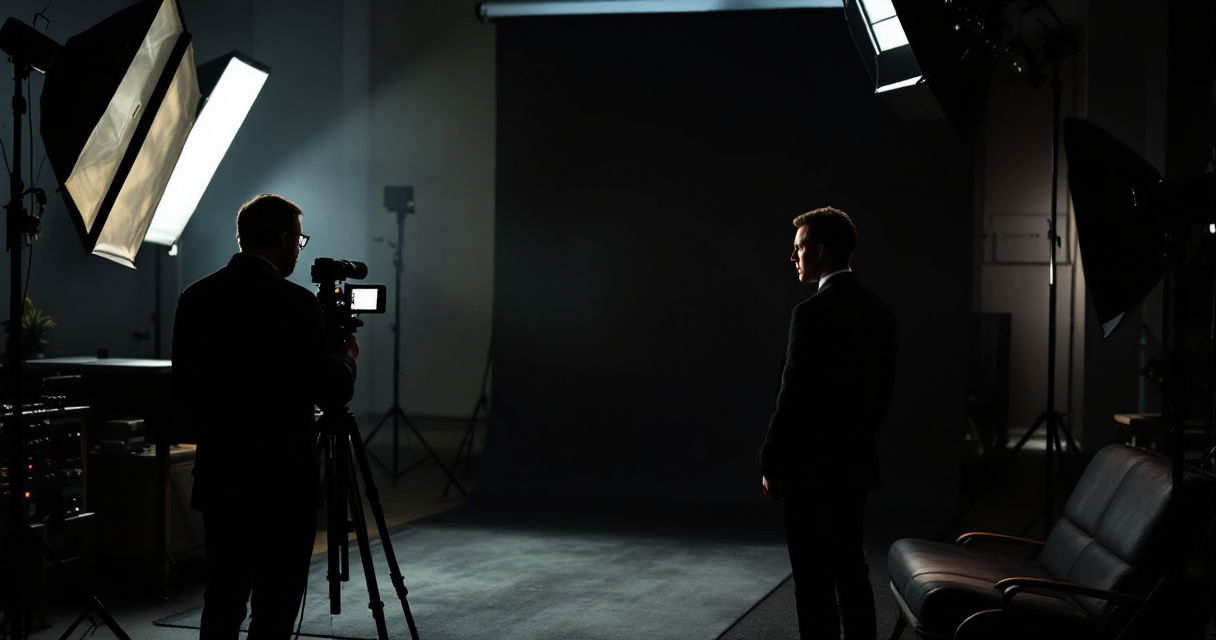 Photography studio setup demonstrating dramatic portrait lighting versus flat corporate headshot lighting
