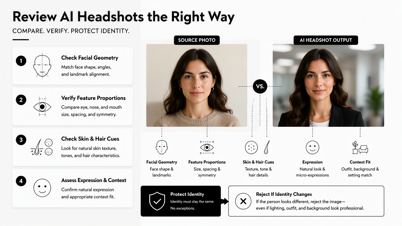 Illustration for How should AI headshots be checked before use?