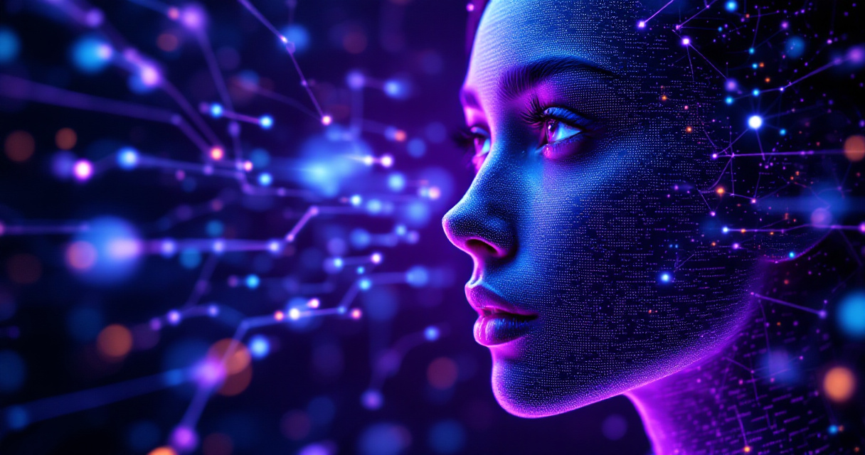 AI neural network visualization showing digital transformation process for professional headshot generation