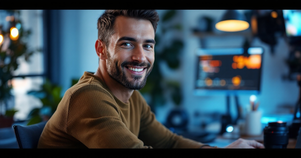 Professional freelancer headshot setup with soft lighting and modern workspace atmosphere