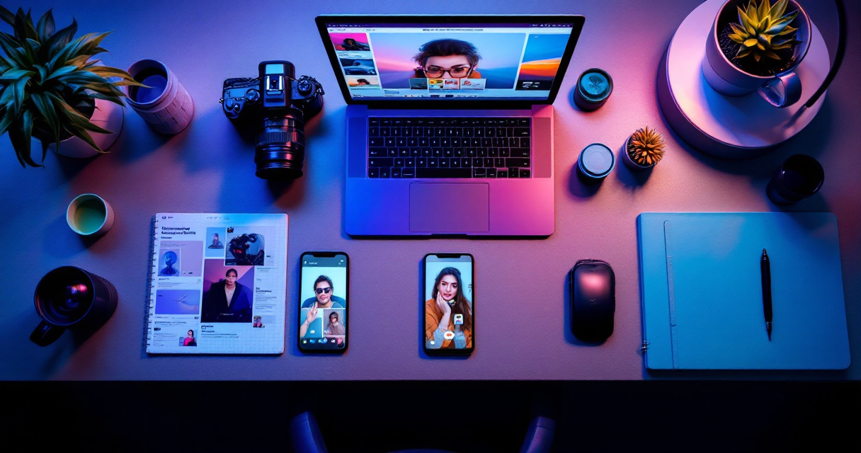 Creative freelancer branding workspace with camera, devices, and cohesive visual identity lighting