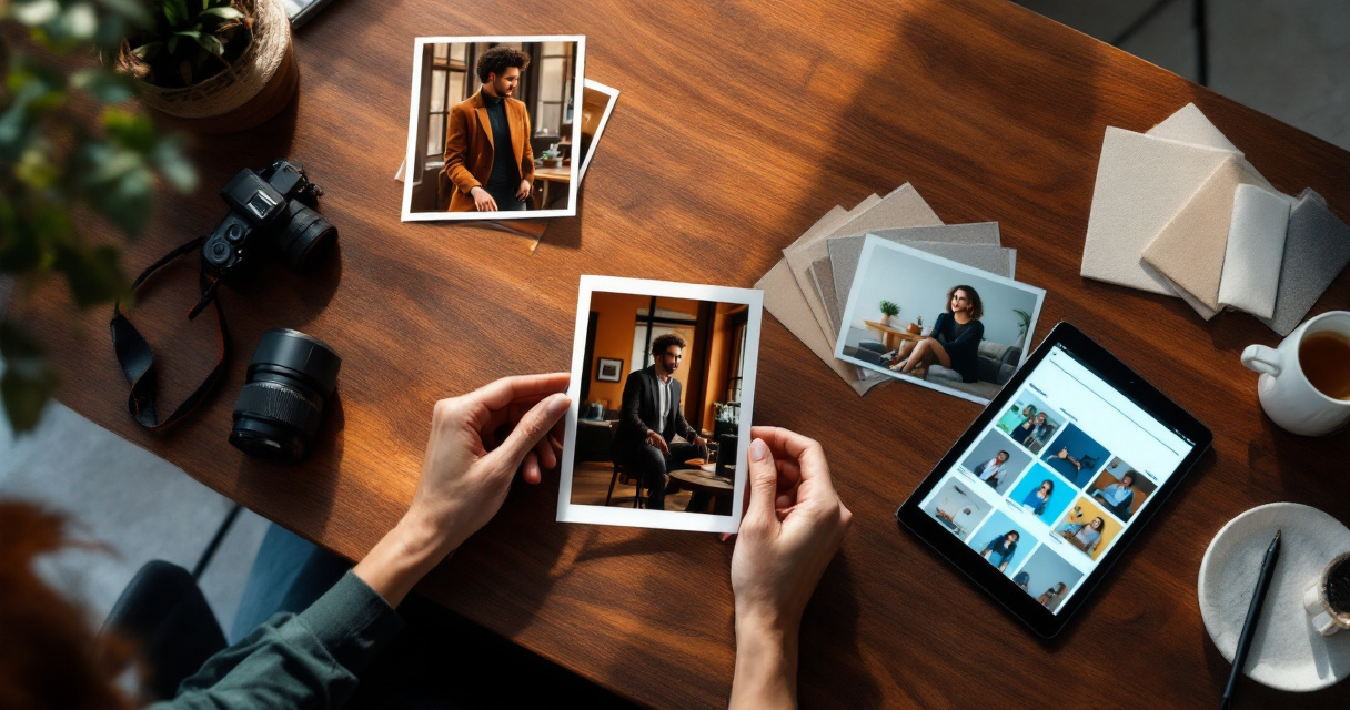 Hands arranging professional, casual, and creative profile photo styles on a desk