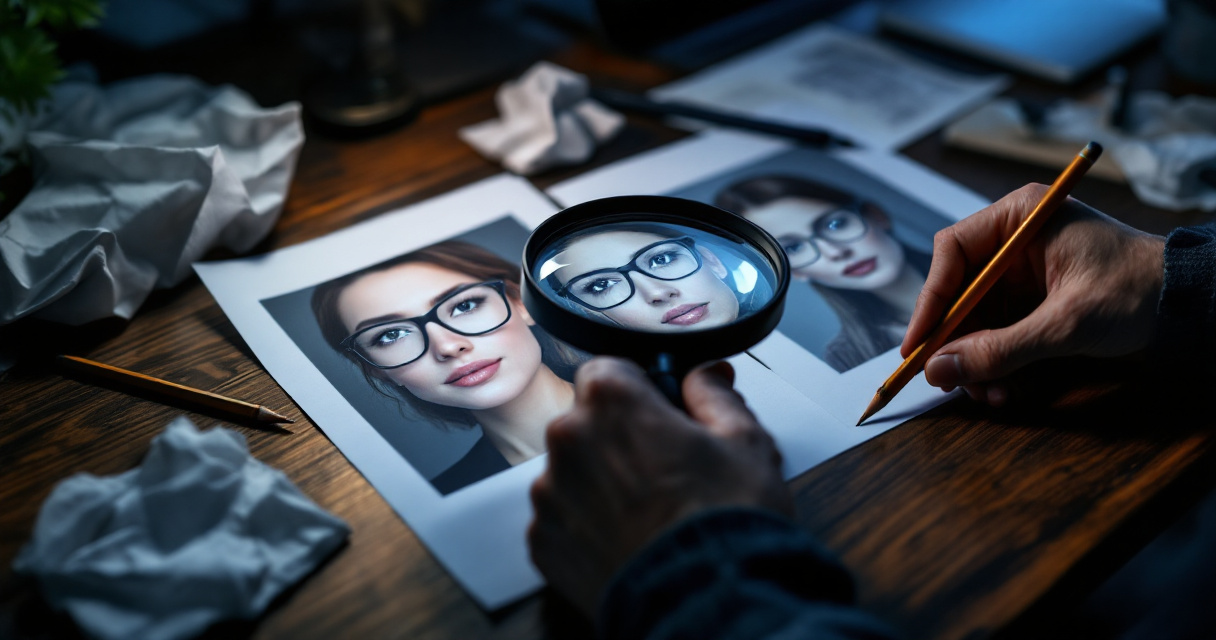 Reviewer inspecting flawed AI profile photos for trust-breaking visual mistakes