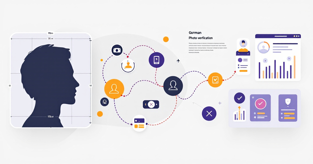 Infographic illustration showing German passport photo AI verification process with face measurement guides, process flow icons, and approval dashboard elements in indigo and German flag colors