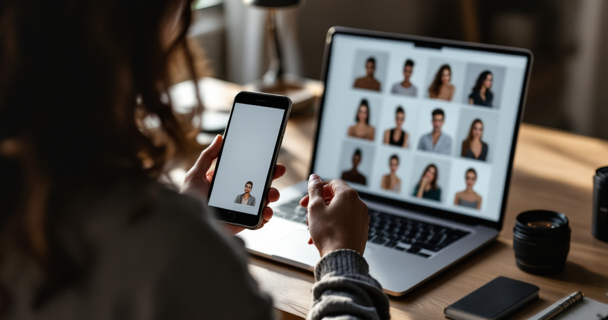 Hands comparing a smartphone selfie with AI-generated professional portraits on a laptop at a desk