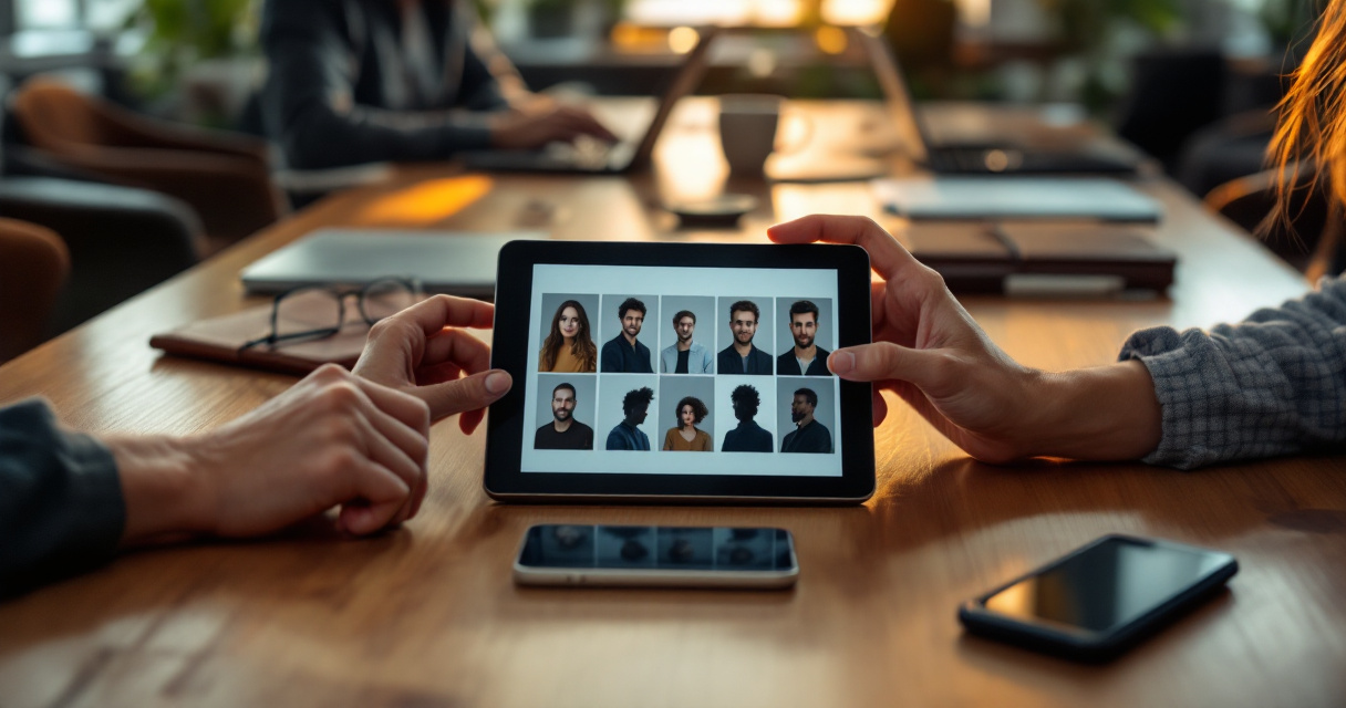 Professionals in a German coworking space reviewing AI-generated business portraits on a tablet