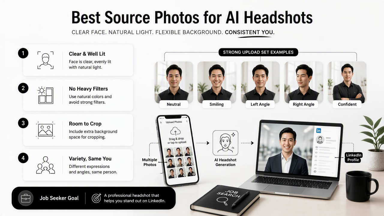 Illustration for Which source photos are best before AI headshot generation?