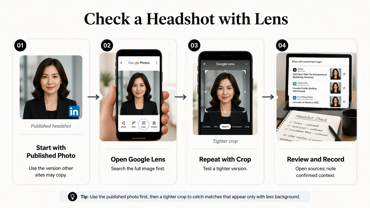 Four-step Google Lens workflow for searching a published LinkedIn headshot and recording relevant matching pages.