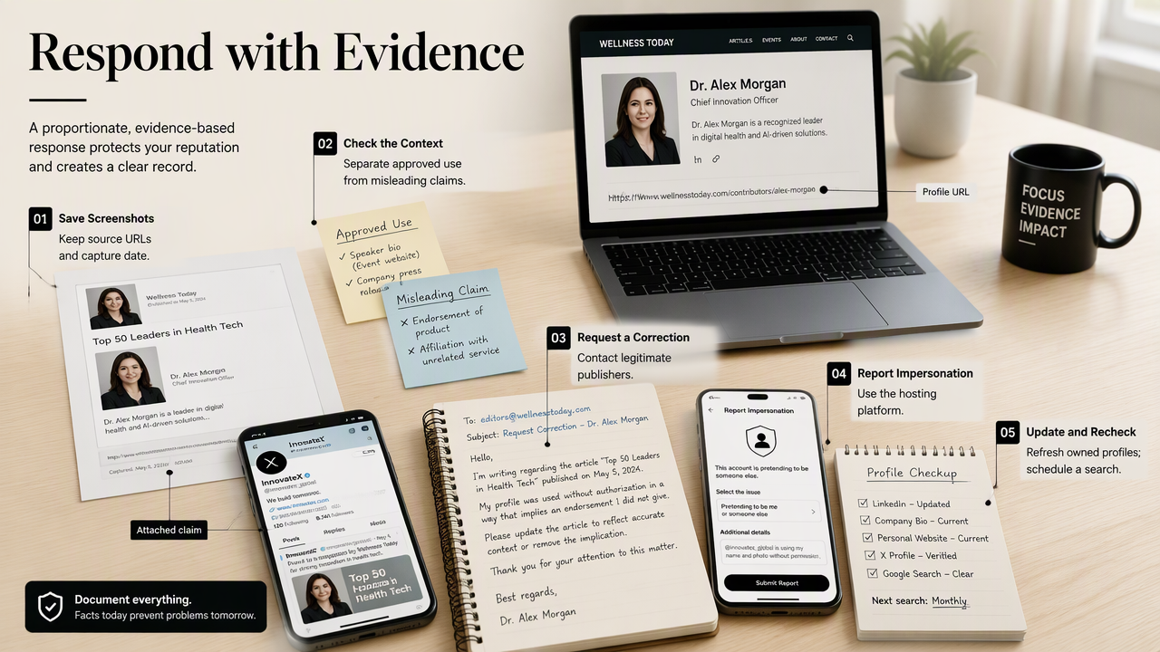 Documented response to a reused professional photo, from saving evidence and checking claims to reporting and follow-up.