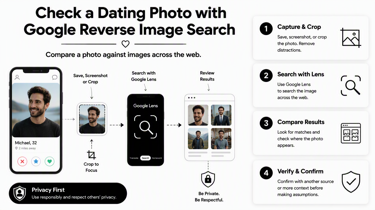 Illustration for How can Google reverse image search check a dating profile photo?