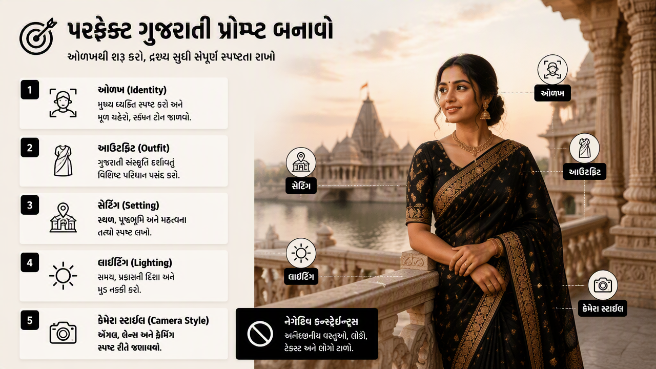 Illustration for How to write a realistic Gujarati prompt?