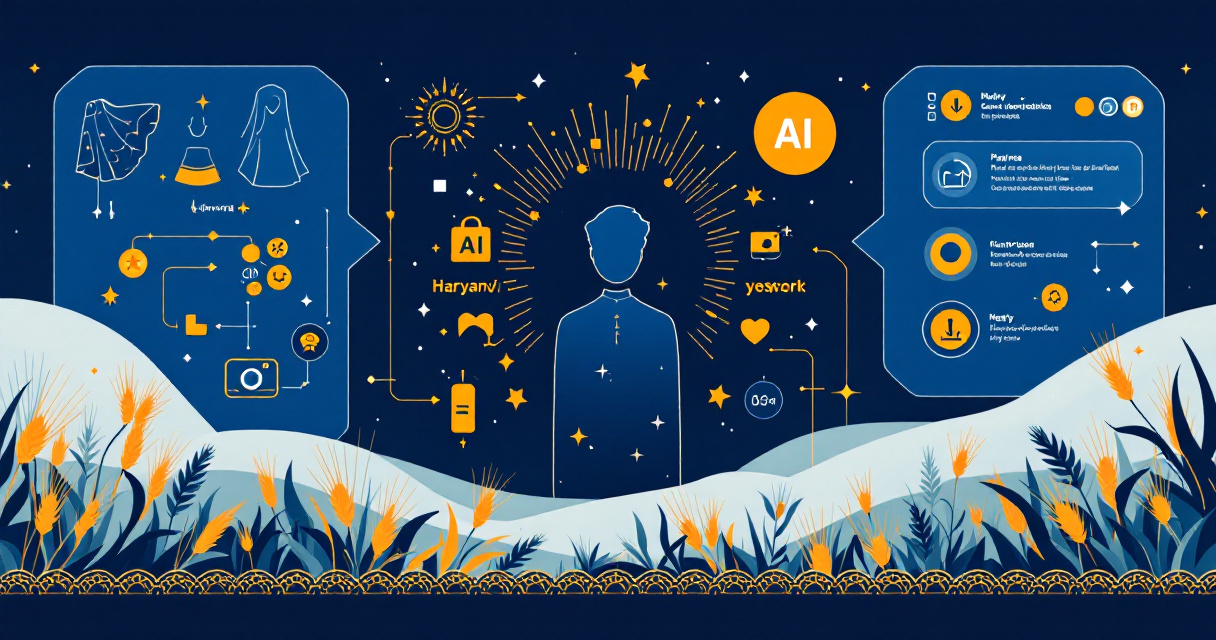 Infographic showing Haryanvi traditional dress elements transforming into AI-generated cultural portraits with icons for garments, jewelry, and digital platforms