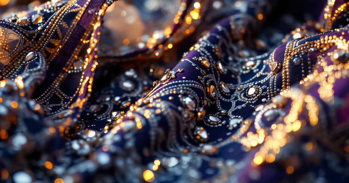 Detailed Haryanvi ghagra fabric with traditional mirror work embroidery and silver thread patterns in indigo and purple tones