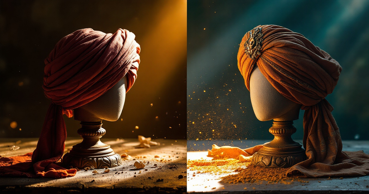 Comparison of authentic Haryanvi pagri turban craftsmanship versus modern synthetic fabric showing quality differences