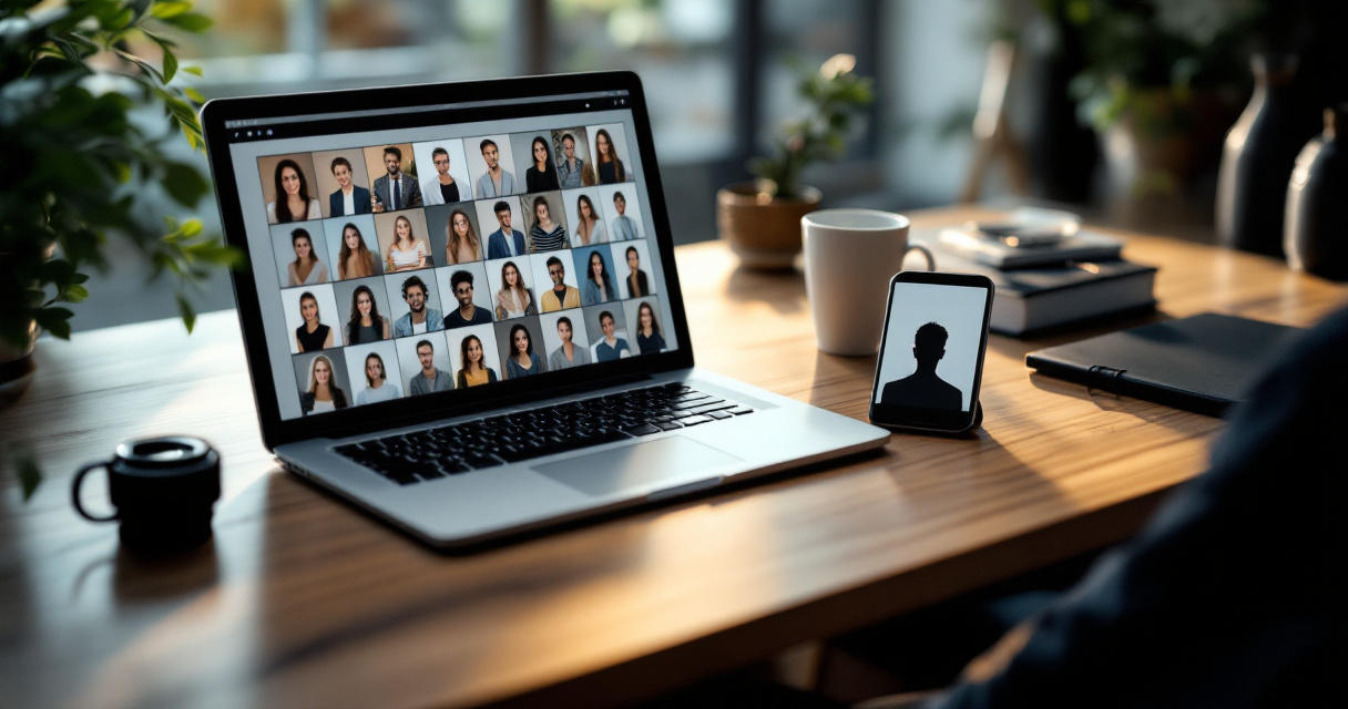 Over-the-shoulder desk scene comparing AI headshot options for LinkedIn profile photos